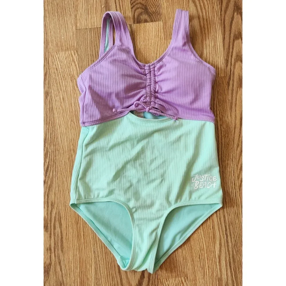 Justice One Piece Swimsuit Girls Size Medium 10 Purple & Green Padded